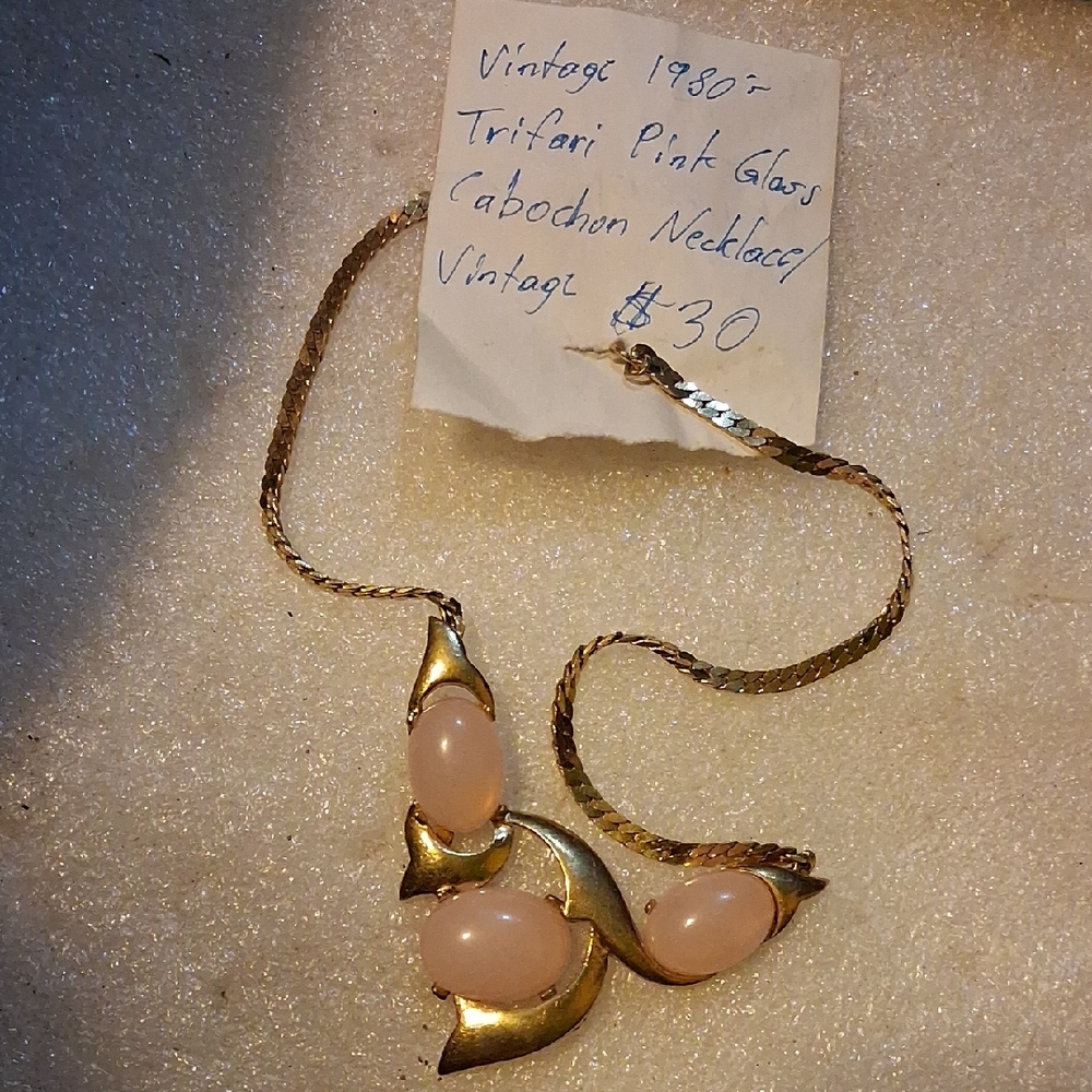 Trifari Gold Necklace with Pink Cabochons